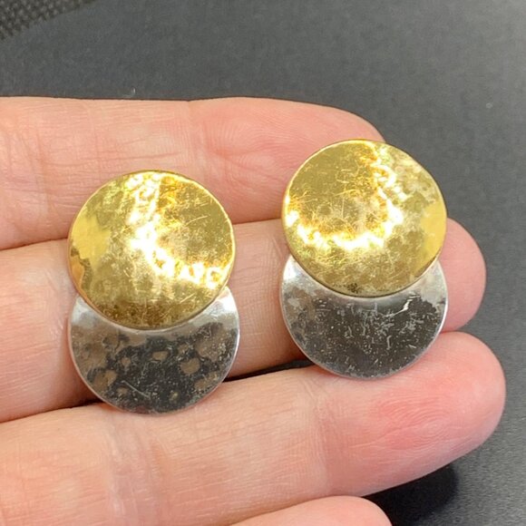 Sterling Silver 925 Round Hammered Disc Two Tone Earrings 1.25" Long - Picture 2 of 7